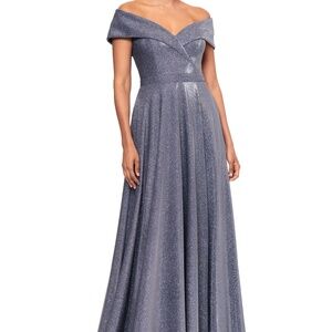 XSCAPE Off-The-Shoulder Shimmer Wrap Gown – Size 6